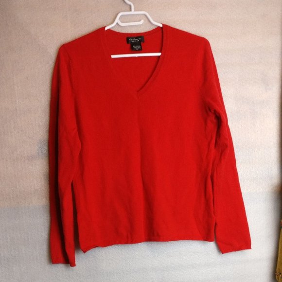 RED V-NECK PURE CASHMERE LONGSLEEVE SWEATER L with measurement - Picture 1 of 6